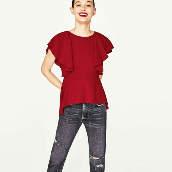 Zara Tops - ZARA Woman Red Ruffle Sleeve Top